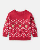 Toddler Boy Christmas Reindeer Fair Isle Cotton Long-Sleeve Sweater - Red, image 1 of 3 slides