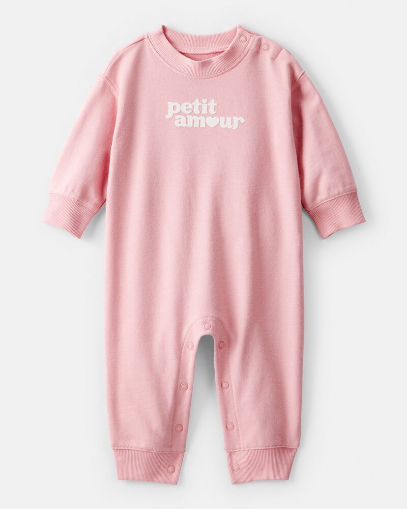 Baby Girl Petit Amour' Cotton Long-Sleeve Jumpsuit - Pink, image 1 of 4 slides