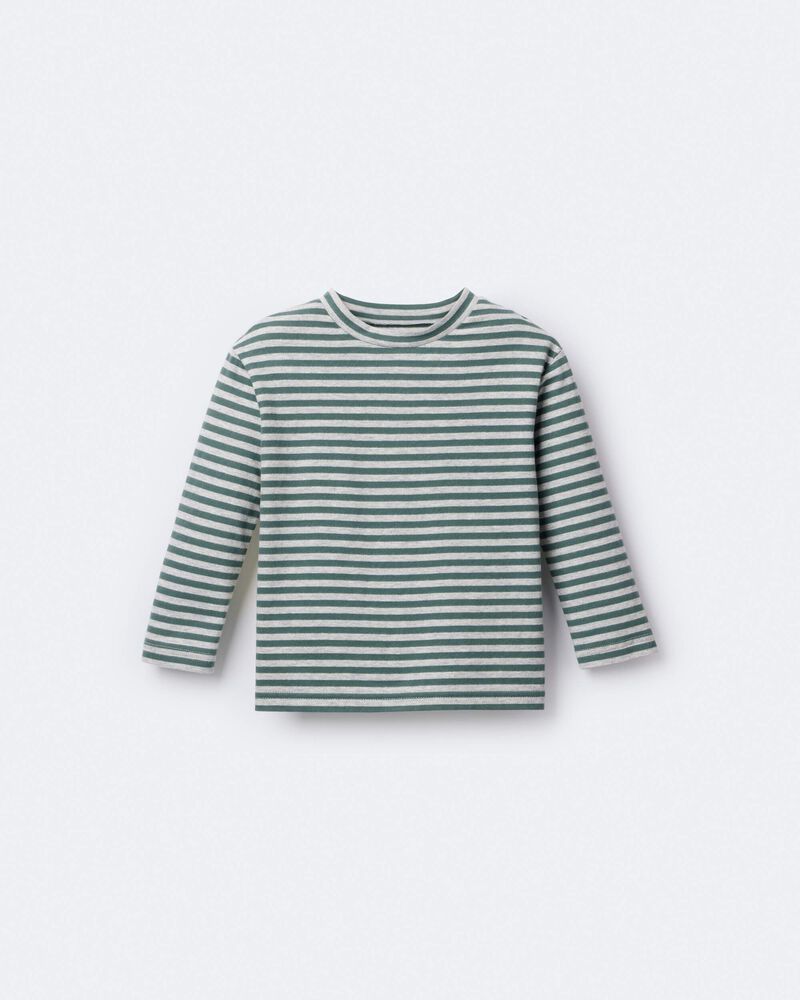 Toddler Striped Long-Sleeve Relaxed Tee - Green/Heather Grey, image 6 of 7 slides