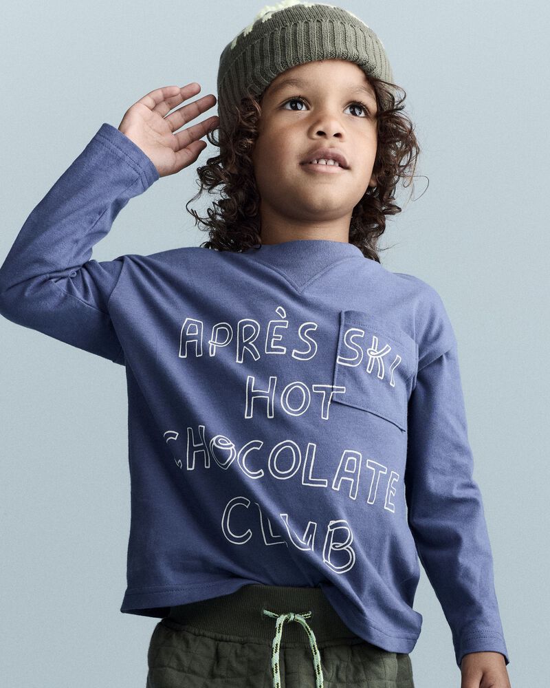Toddler Hot Cocoa Club' Long-Sleeve Pocket Relaxed Graphic Tee - Dark Blue, image 1 of 6 slides