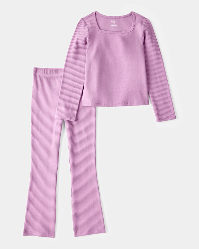 Jeune Ensemble 2 pièces t-shirt côtelé à manches longues à fleurs et pantalon évasé, image 1 sur 3 diapositives