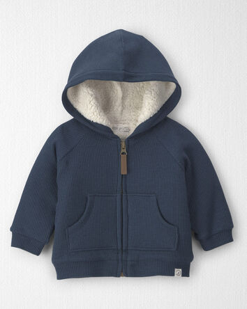 Baby Boy Recycled Teddy Fleece Waffle Knit Hooded Jacket Made with Organic Cotton, 