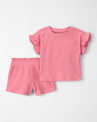 B&eacute;b&eacute; fille - Ensemble 2 pi&egrave;ces short en coton biologique, pivoine, image 1 sur 4 diapositives