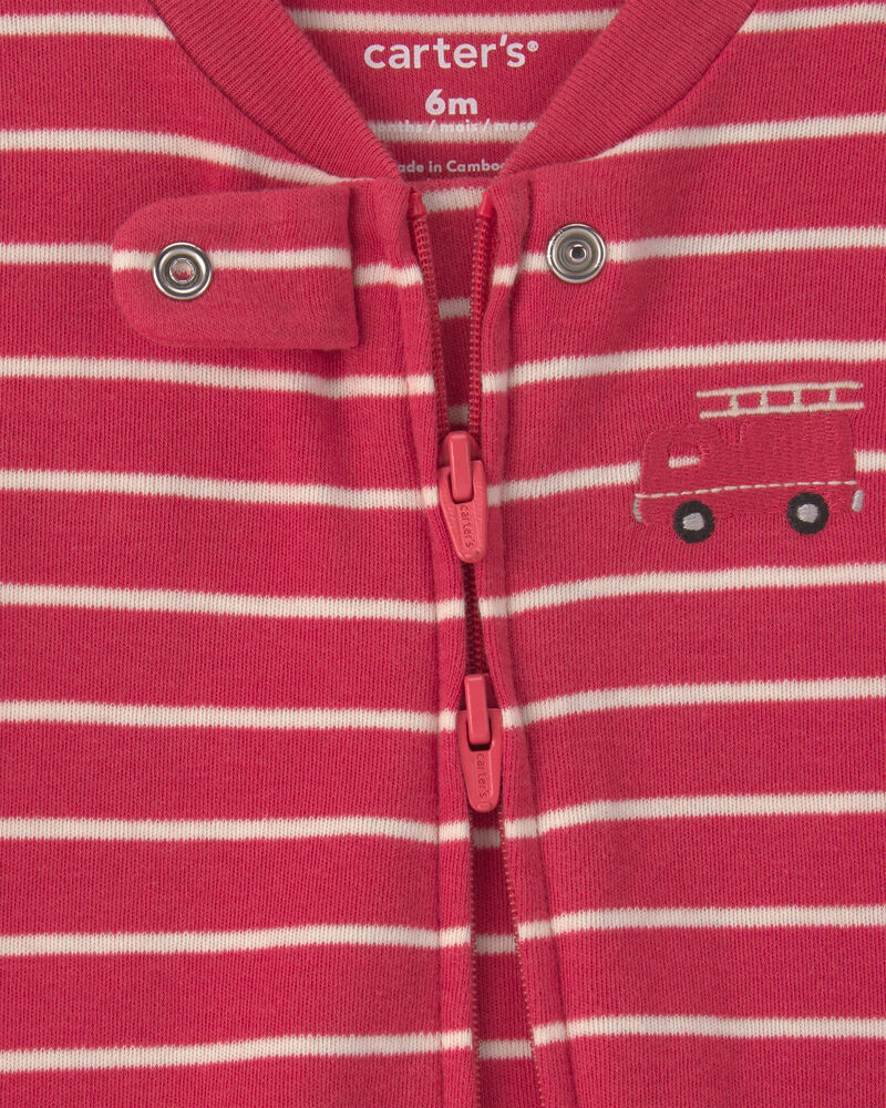 Baby Boy Firetruck Striped 100% Cotton 2-Way Zip Sleeper - Red, image 2 of 4 slides