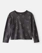 Girls Smiley Face Print Long-Sleeve Top - Black, image 1 of 3 slides