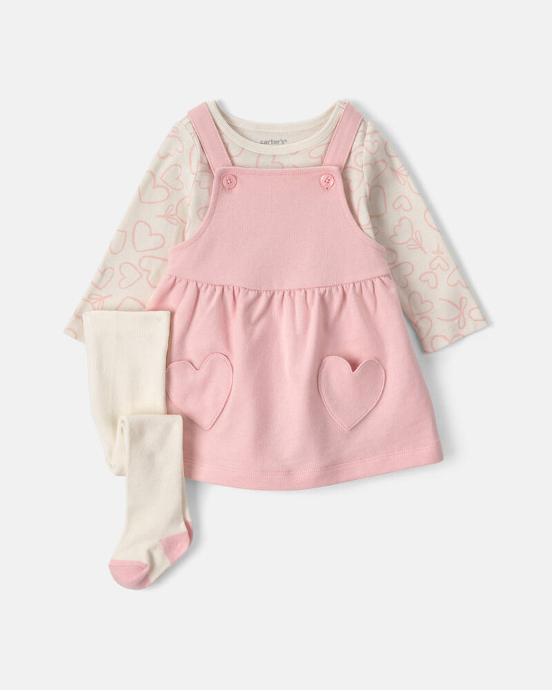 B&eacute;b&eacute; fille - Ensemble 3 pi&egrave;ces haut manches longues &agrave; c&oelig;urs et robe en jersey bouclette de la Saint-Valentin &ndash; Rouge/Cr&egrave;me, image 1 sur 5 diapositives