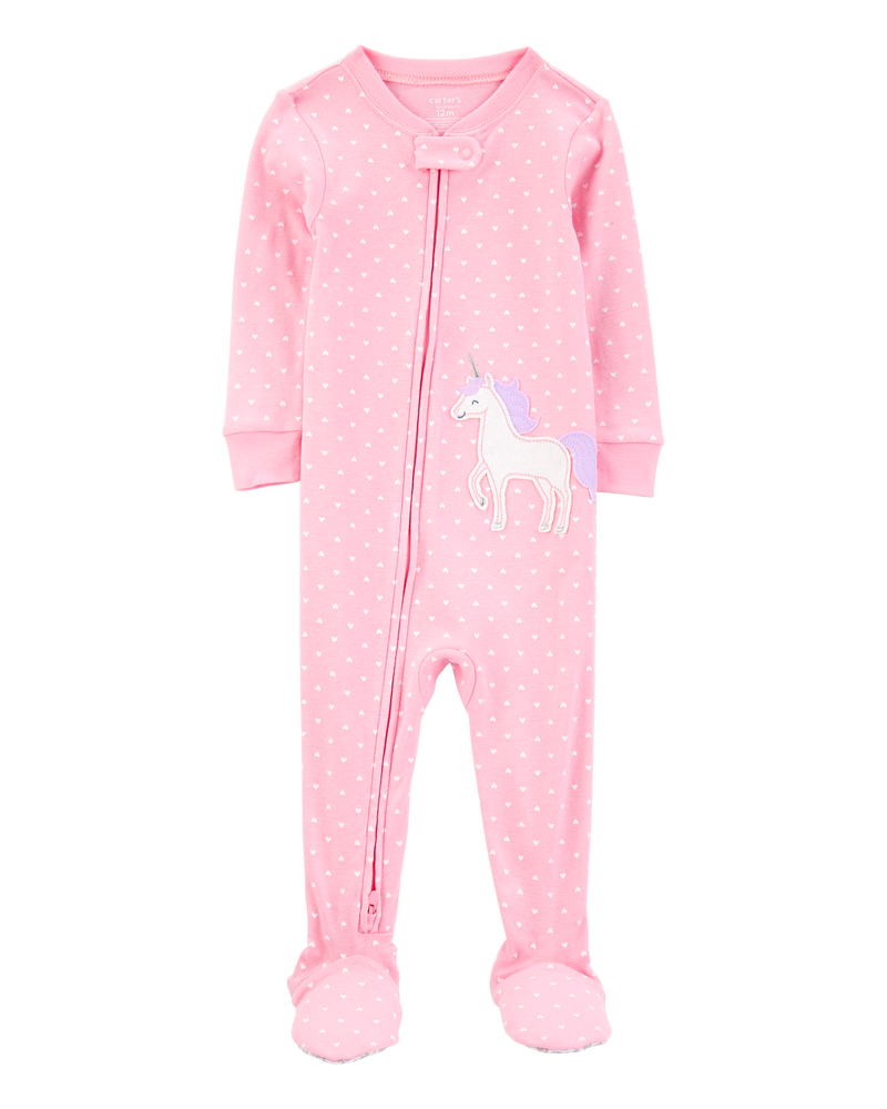 Tout-petit fille - Pyjama 1 pièce à pieds en coton ajusté à licorne - Rose, image 1 sur 4 diapositives
