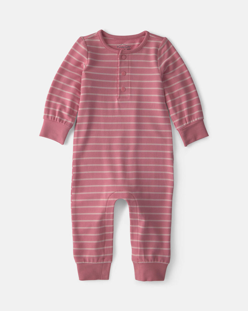 Baby Girl Striped PurelySoft&trade; Long-Sleeve Jumpsuit - Pink, image 1 of 5 slides