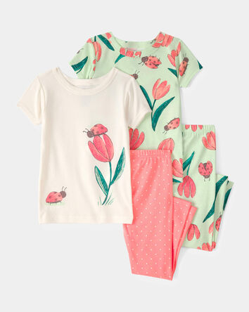 Toddler Girl Ladybug Floral 100% Cotton Snug Fit 4-Piece Pyjama Set - Pink/Green, 