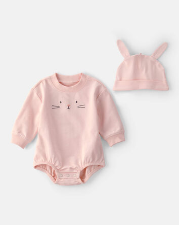 B&eacute;b&eacute; fille - Ensemble barboteuse bouffante et bonnet, lapin - Rose, 