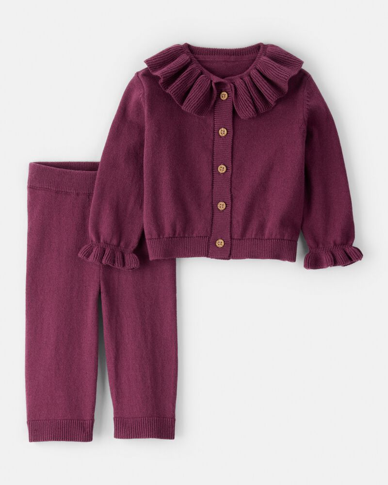 Baby Girl 2-Piece Ruffle Sweaterknit Outfit Set - Maroon, image 1 of 3 slides