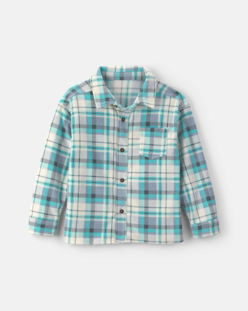 Boys Plaid Fleece Long-Sleeve Button-Down Shirt - Blue, image 1 of 3 slides