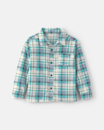Boys Plaid Fleece Long-Sleeve Button-Down Shirt - Blue, 