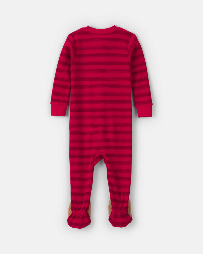 Baby 1-Piece Striped Reindeer 2-Way Zip 100% Cotton Snug Fit Footed Pyjama - Red, image 2 of 6 slides