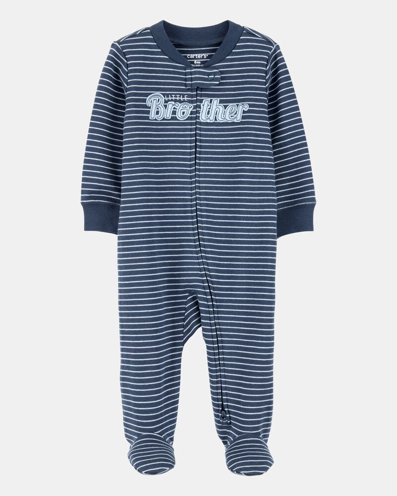 Baby Boy Striped Little Bro 2-Way Zip Cotton Sleeper, image 1 of 3 slides