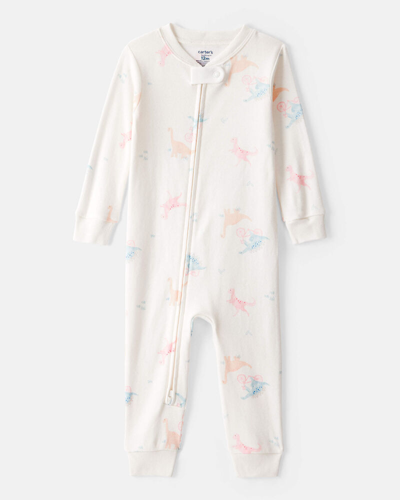 Toddler Girl Dinosaur Print 100% Cotton Long-Sleeve 2-Way Zip 1-Piece Pyjamas - White, image 1 of 3 slides