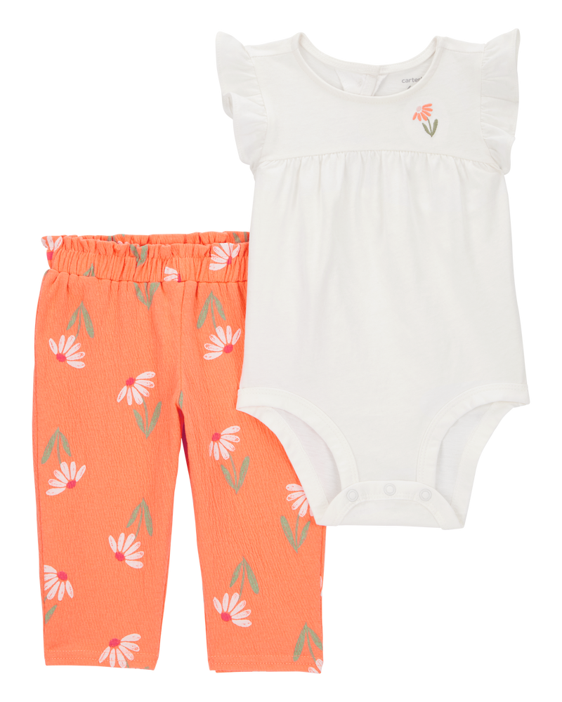 Baby 2-Piece Floral Peplum Bodysuit Pant Set - Orange, image 1 of 4 slides