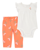 Baby 2-Piece Floral Peplum Bodysuit Pant Set - Orange, image 1 of 4 slides