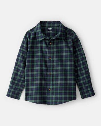 Boys Plaid Cotton Long-Sleeve Button-Down Shirt - Green, 