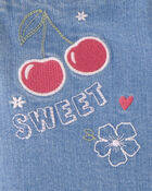Girls Cherry Denim Embroidered Midi Shorts - Medium Wash, image 4 of 5 slides