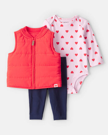 Baby Girl 3-Piece Puffer Vest Outfit Set - Red, 