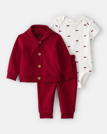 Baby Boy 3-Piece Quilted Cardigan Outfit Set - Red, 