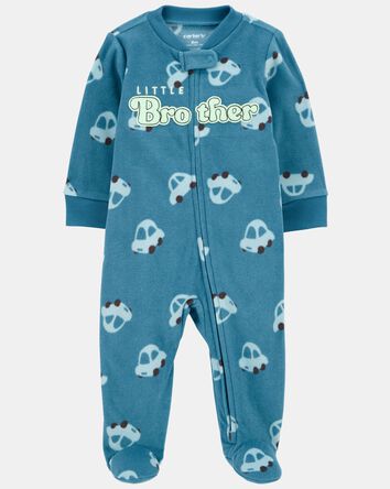 Baby Boy Little Brother Fleece Zip-Up Sleeper - Blue, 