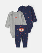 Baby Boy 3-Piece Fox Long-Sleeve Bodysuit & Pant Set - Navy Blue/Grey, image 1 of 5 slides