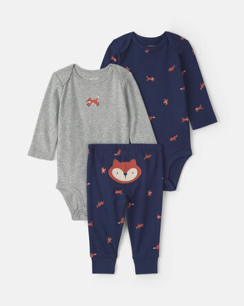 Baby Boy 3-Piece Fox Long-Sleeve Bodysuit & Pant Set - Navy Blue/Grey, 