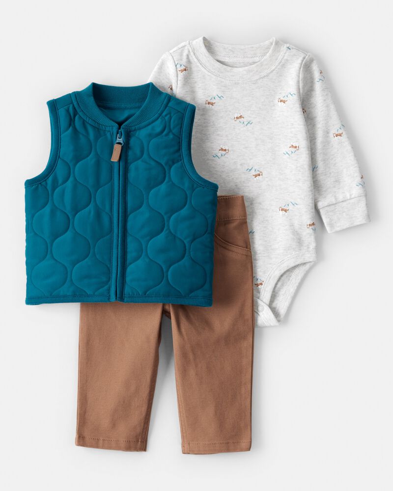 Baby Boy 3-Piece Quilted Vest Outfit Set, image 1 of 7 slides