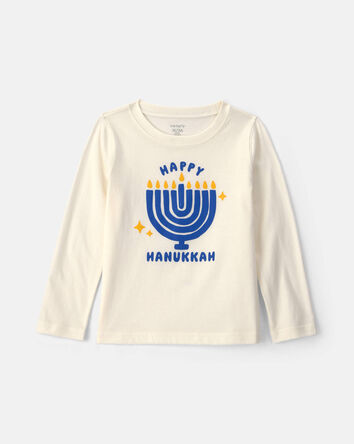Toddler 'Happy Hanukkah' Menorah Long-Sleeve Graphic Tee - Cream/Blue/Gold, 
