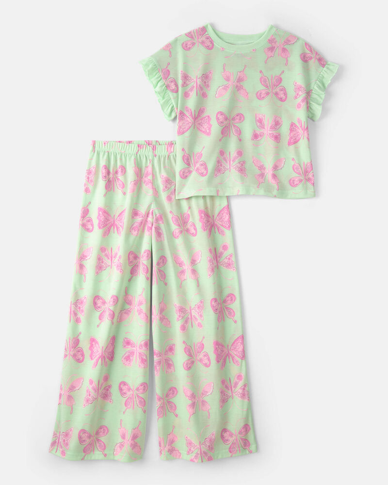 Girls Butterfly Loose Fit 2-Piece Pajama Set - Green, image 1 of 3 slides