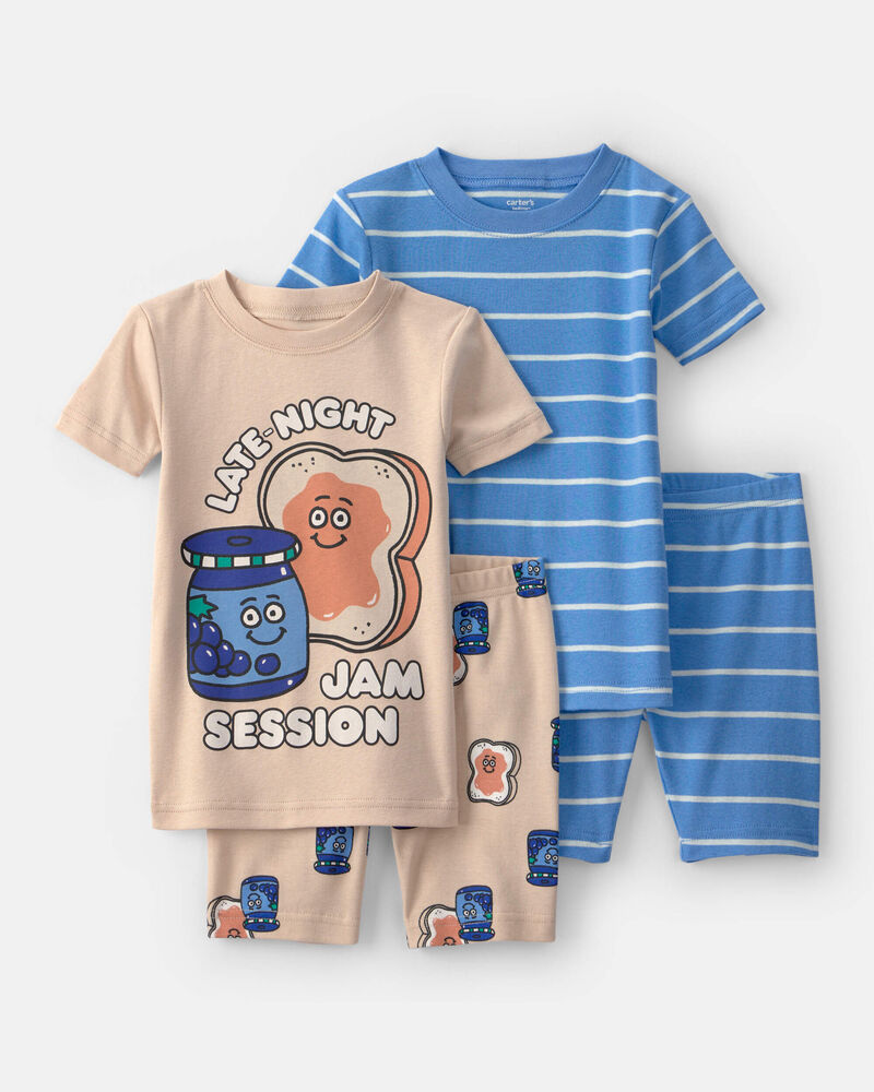 Toddler Boy PB&J Striped 100% Cotton Short-Sleeve Snug Fit 4-Piece Pyjama Set - Blue/Brown, image 1 of 4 slides