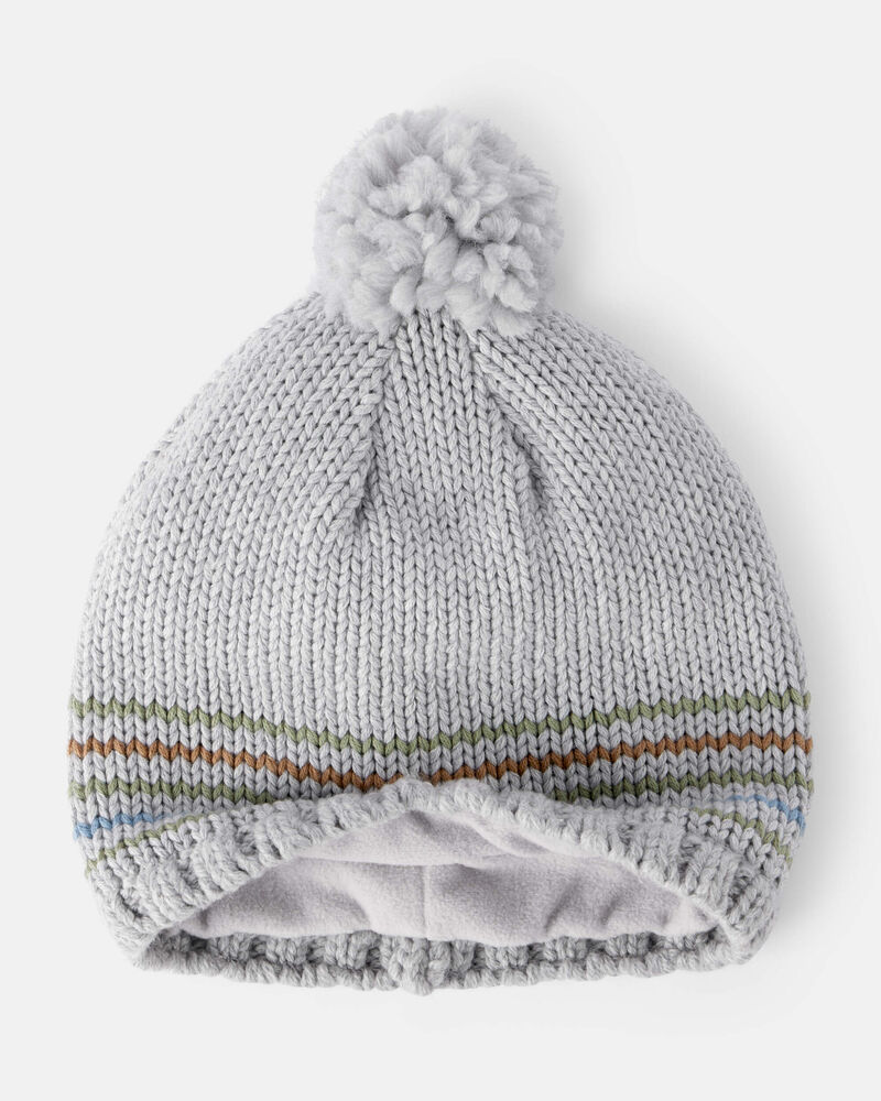 Baby Boy Striped Pom Winter Hat - Grey, image 2 of 3 slides
