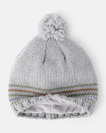 Baby Boy Striped Pom Winter Hat - Grey, 