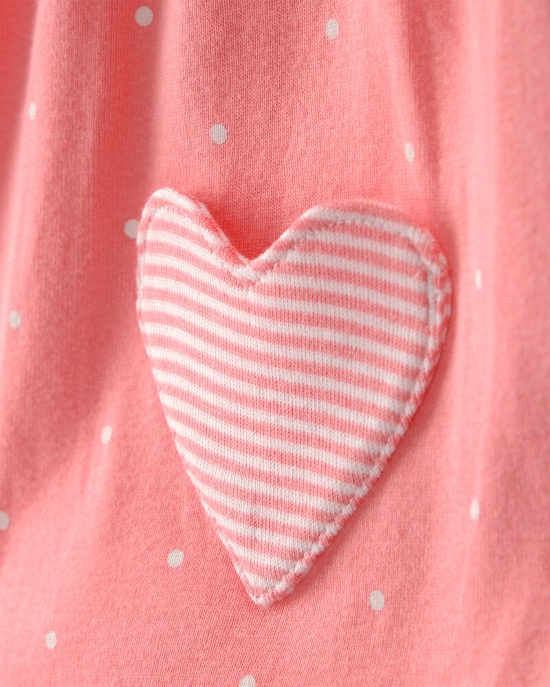 Baby Girl Heart Pocket Short-Sleeve Romper - Coral, image 2 of 4 slides