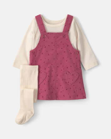 Baby Girl 3-Piece Heart Corduroy Long-Sleeve Dress Set - Pink/Cream, 