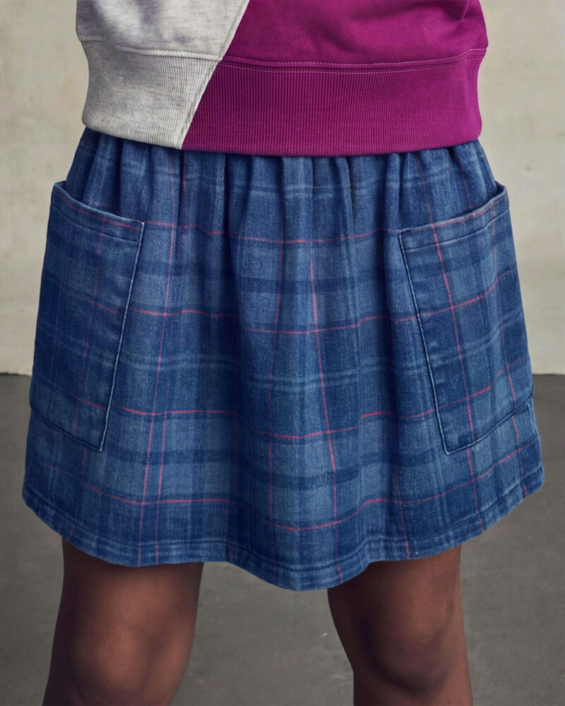 Girls Plaid Denim Skirt - Dark Wash, image 2 of 4 slides