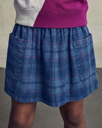 Girls Plaid Denim Skirt - Dark Wash, 