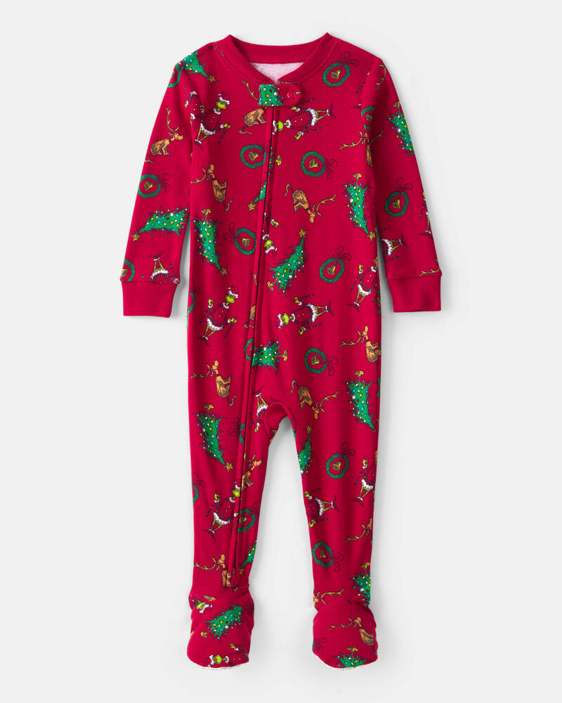 Baby Dr. Seuss&trade; The Grinch Print 100% Cotton Long-Sleeve Snug Fit 1-Piece pyjamas - Red, image 1 of 4 slides