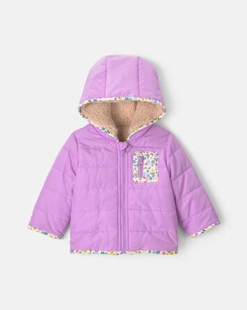Baby Girl Teddy Fleece-Lined Puffer Jacket - Purple, 