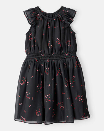 Girls Floral Short-Sleeve Occasion Dress - Black, 