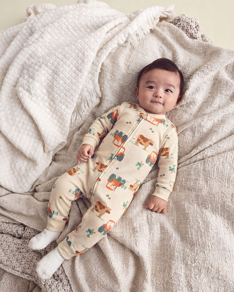 Baby Boy 1-Piece Farm 2-Way Zip 100% Cotton Snug Fit Pyjama - Cream, image 5 of 6 slides