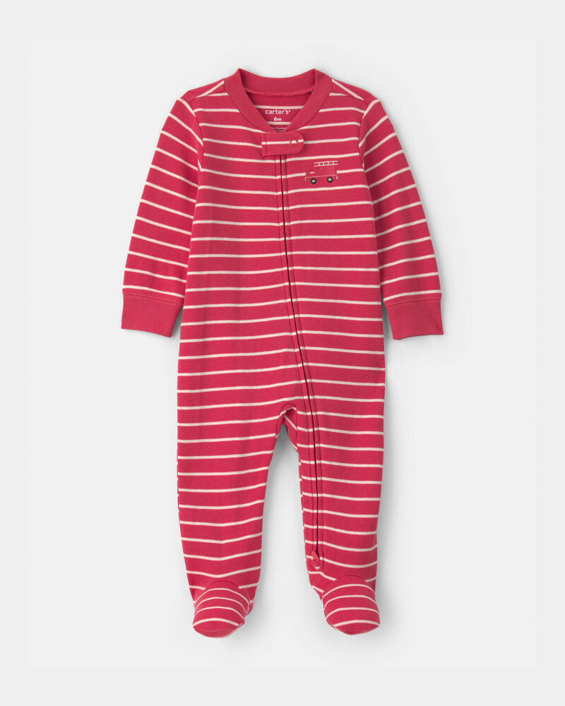 Baby Boy Firetruck Striped 100% Cotton 2-Way Zip Sleeper - Red, image 1 of 4 slides