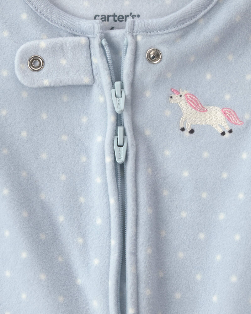 Baby Girl Unicorn Fleece 2-Way Zip Sleepers - Blue, image 3 of 6 slides