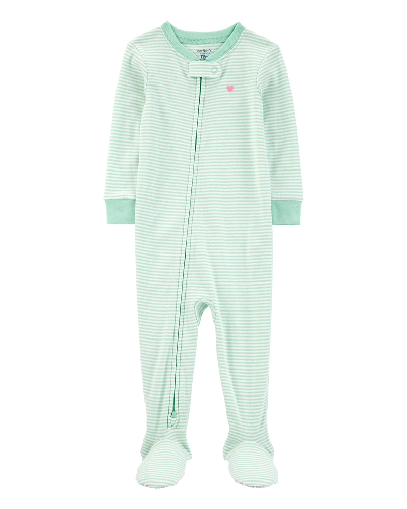 Bébé fille - Pyjama 1 pièce à pieds en coton ajusté à rayures - Vert, image 1 sur 4 diapositives