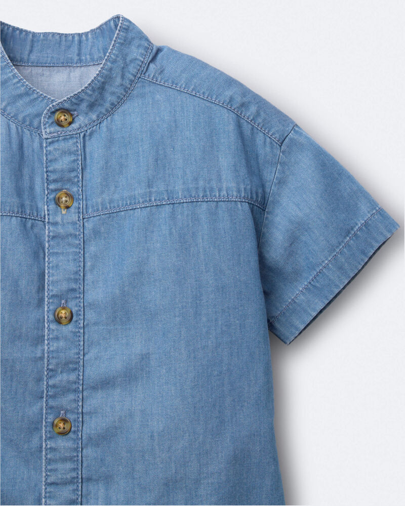 Toddler Boy Mandarin Collar Button-Down Shirt in Chambray, image 4 of 6 slides