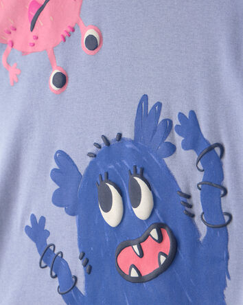 Girls 4-Piece Monster 100% Cotton Snug Fit Pyjama Set - Blue/Cream, 