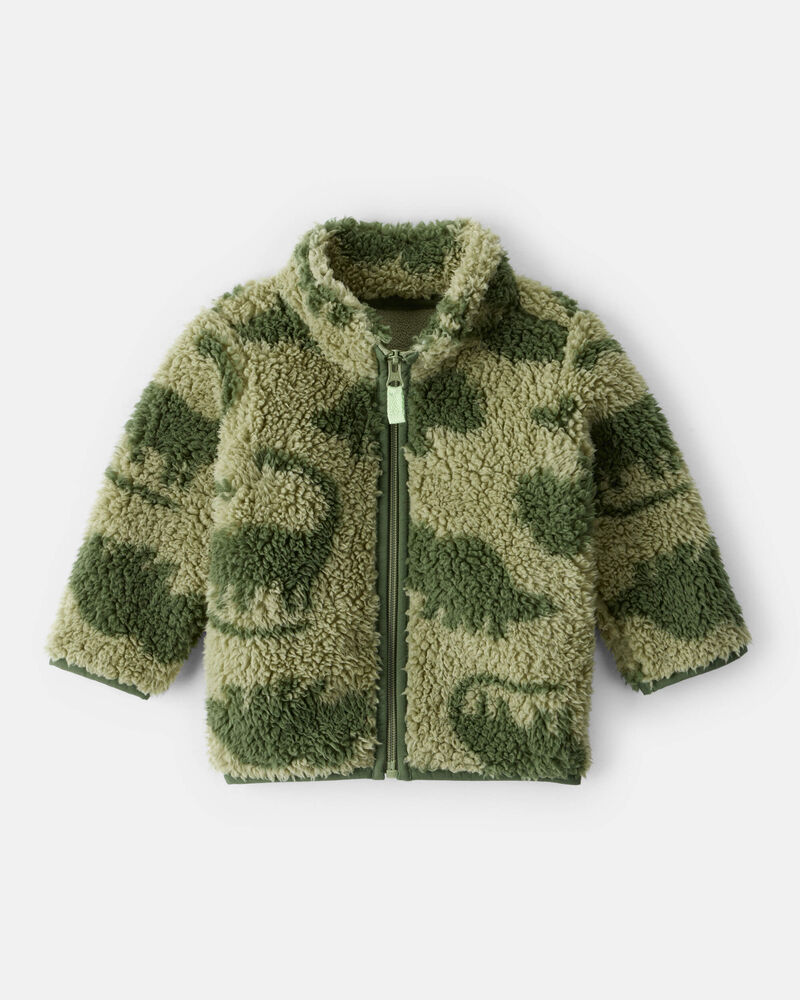 Baby Boy Dinosaur Sherpa Zip-Up Jacket - Green, image 1 of 3 slides