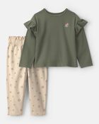 Toute-petit fille - Ensemble 2 pi&egrave;ces en serg&eacute; haut manches longues et pantalon &agrave; motif floral - Vert olive/Cr&egrave;me, image 1 sur 3 diapositives